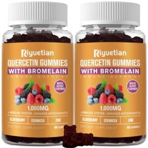 Gomitas de quercetina con bromelina, quercetina con zinc, vitamina C, saúco para apoyo inmunológico pulmonar suplemento para niños adultos, cardiovascular, vitaminas masticables para apoyo al envejecimiento, veganas, 120 unidades