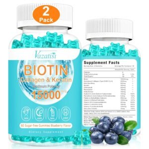 Gomitas de vitaminas para el cabello, la piel y las uñas, 15000 mcg de biotina con colágeno, musgo marino, clorofila, vitamina C, zinc para mujeres y hombres, articulaciones musculares e inmunidad, sabor a arándanos sin azúcar, paquete de 2, 120 unidades