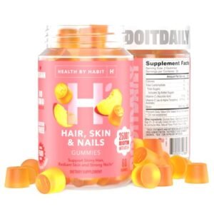 Health By Habit Hair, Skin and Nails Supplement (60 Gummies) - 2500mcg Biotin, Vitamin C, Vitamin E, Strong Nails, Peach Flavor, Vegan, Gluten Free, Non-GMO