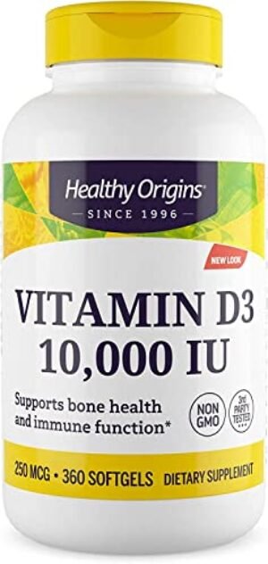 Healthy Origins Vitamin D3 (Lanolin) 10,000 IU Softgel - Bone Health and Immune Support Supplement - Easily Absorbable Vitamin D Supplements - Gluten-Free Vitamin D3 Supplement - 360 Softgels