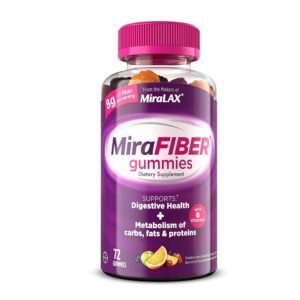 MiraLAX Nuevas gomitas MiraFIBER de 0.31 onzas de fibra prebiótica diaria con vitaminas B para apoyar la salud digestiva y el metabolismo, gomitas de fibra con sabor a frutas, 72 unidades, 18 porciones por botella