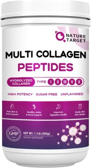 NATURE TARGET Polvo de péptidos de colágeno múltiple - Tipo I, II, III, V, X - Péptidos de colágeno hidrolizados con vitamina C ácido hialurónico, apoya la piel, cabello, uñas y articulaciones, alimentado con pasto, sin OMG, 50 porciones