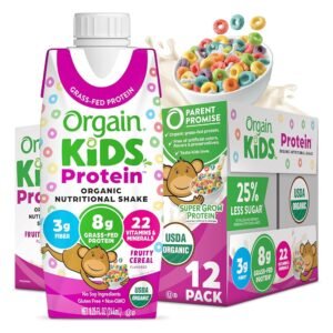 Orgain Organic Kids Batido nutricional de proteínas, sabor fresa, refrigerio para niños con 0.28 onzas de proteína láctea, 22 vitaminas y minerales, frutas y verduras, sin gluten, sin soja, sin OGM, 8.25 onzas líquidas (paquete de 12)