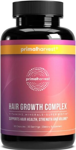 Primal Harvest Vitaminas para el crecimiento del cabello, crecimiento del cabello para mujeres y hombres, 60 píldoras de crecimiento del cabello, productos naturales para engrosar el cabello para mujeres y hombres con biotina y zinc