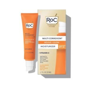 RoC Multi Correxion Revive + Glow, suero de vitamina C 10% activo para cara, tratamiento diario antienvejecimiento antiarrugas y tono de piel, suero iluminador para manchas oscuras, protector solar SPF 30, 1.7 onzas