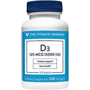 The Vitamin Shoppe Vitamin D3 5000IU Softgel, Supports Bone & Immune Health, Aids in Cellular Growth & Calcium Absorption, Gluten Free & Once Daily Formula (200 Softgels)