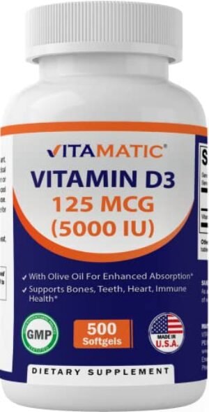 Vitamatic Vitamin D3 5000 IU (125 mcg) - 500 Softgels (Olive Oil Based) - 500 Days Supply - for Healthy Muscle Function, and Immune Support, Non-GMO, Gluten Free in Cold-Pressed Mini Softgels