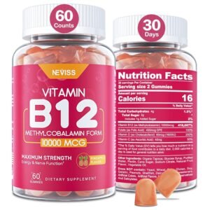 Vitamina B12 10000 mcg (metil B12) gomitas con vitamina D3, vitamina B9 folato, vitamina C, para metabolismo energético, aumento del estado de ánimo, salud del sistema nervioso, hueso fuerte, apoyo inmunológico, bajo en azúcar, 60 unidades