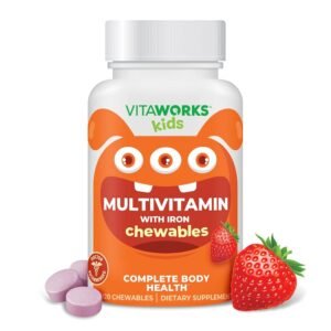 VitaWorks Multivitamínico para niños con hierro y minerales - Tabletas masticables - Sabor mixto de frutas - Vegetariano, sin OMG, sin nueces - Suplemento dietético - Apoyo digestivo para niños - 120 masticables ",