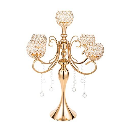 Candelabro de cristal dorado de 5 brazos de 26 pulgadas de alto para decoración de mesa