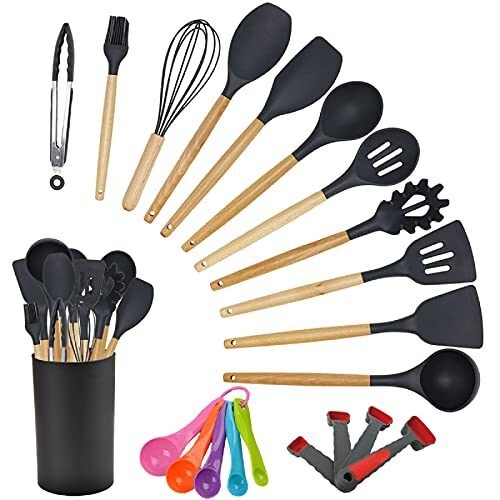 Alitade Juego de utensilios de cocina de silicona negra de 21 piezas