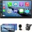 Double Din Car Stereo Radio Voice Control Apple Carplay & Android Auto, 7In HD LCD Touch Screen Bluetooth 5.2, MP5 Player with Mirror Link, Front/Backup Camera, USB/SD A/FM Audio Receiver, Subwoofer