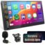 Double Din Car Stereo Radio Voice Control Apple Carplay & Android Auto, 7In HD LCD Touch Screen Bluetooth 5.2, MP5 Player with Mirror Link, Front/Backup Camera, USB/SD A/FM Audio Receiver, Subwoofer