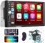 Double Din Car Stereo Radio Voice Control Apple Carplay & Android Auto, 7In HD LCD Touch Screen Bluetooth 5.2, MP5 Player with Mirror Link, Front/Backup Camera, USB/SD A/FM Audio Receiver, Subwoofer