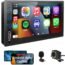 Double Din Car Stereo Radio Voice Control Apple Carplay & Android Auto, 7In HD LCD Touch Screen Bluetooth 5.2, MP5 Player with Mirror Link, Front/Backup Camera, USB/SD A/FM Audio Receiver, Subwoofer