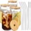 Drinking Glasses with Glass Straw 4pcs Set - 16oz Can Shaped Glass Cups, Beer Glasses, Iced Coffee Glasses, Cute Tumbler Cup, Ideal for Whiskey, Soda, Tea, Water, Gift - 2 Cleaning Brushes
