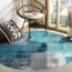 Large Round Area Rug for Living Room Turquoise and Grey Abstract Art Painting Teal Decorative Rug Carpet Floor Mat Yoga Mat for Bedroom Kids Room Home Decor 3 ft