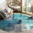 Large Round Area Rug for Living Room Turquoise and Grey Abstract Art Painting Teal Decorative Rug Carpet Floor Mat Yoga Mat for Bedroom Kids Room Home Decor 3 ft