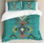 Lunarable Aztec Duvet Cover Set, Colorful Geometric Shapes on Teal Backdrop Cheerful Design Culture, Decorative 3 Piece Bedding Set with 2 Pillow Shams, King Size, Teal Burgundy
