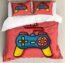 Lunarable Gamer Duvet Cover Set, Old School Colorful Videogame Controller with Minimalist Style D-Pad and Triggers, Decorative 3 Piece Bedding Set with 2 Pillow Shams, Queen Size, Dark Coral