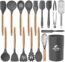 MIBOTE 17 Pcs Silicone Cooking Kitchen Utensils Set with Holder, Wooden Handles Cooking Tool BPA Free Turner Tongs Spatula Spoon Kitchen Gadgets Set for Nonstick Cookware (Teal)