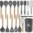 MIBOTE 17 Pcs Silicone Cooking Kitchen Utensils Set with Holder, Wooden Handles Cooking Tool BPA Free Turner Tongs Spatula Spoon Kitchen Gadgets Set for Nonstick Cookware (Teal)