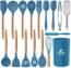 MIBOTE 17 Pcs Silicone Cooking Kitchen Utensils Set with Holder, Wooden Handles Cooking Tool BPA Free Turner Tongs Spatula Spoon Kitchen Gadgets Set for Nonstick Cookware (Teal)