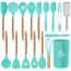 MIBOTE 17 Pcs Silicone Cooking Kitchen Utensils Set with Holder, Wooden Handles Cooking Tool BPA Free Turner Tongs Spatula Spoon Kitchen Gadgets Set for Nonstick Cookware (Teal)