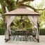 Sunjoy 9.5 ft. x 9.5 ft. Gazebo with 2-Tier Canopy Roof, Steel Frame Soft top Gazebo with Ceiling Hook and Mosquito Netting, Tan and Brown