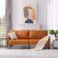 Vonanda 72 inch Sofa Couch for Living Room, Faux Leather 3 Seater Sofa with Fashion Striped Seat Cushion, Upholstered Sofa for Living Room Bedroom Furniture, Beige
