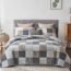 Y-PLWOMEN Quilt Set Queen Size, 100% Cotton Queen Quilt, Grey Brown White Patchwork Plaid Queen Quilt Set, Lightweight Reversible Soft Bedspread Queen Size for All Season, 3-Pieces