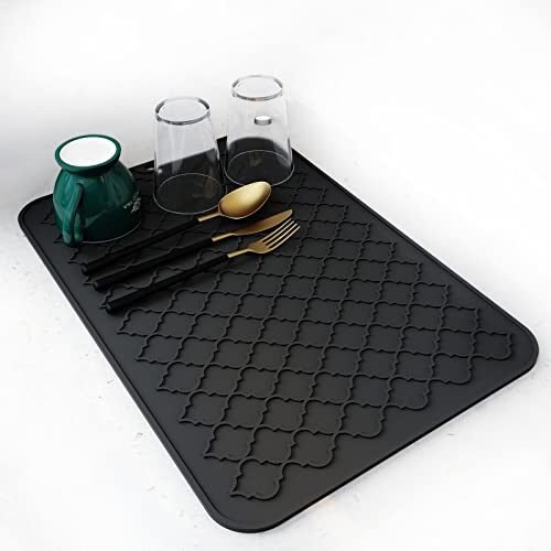 Tapete para secar platos para encimera de cocina, resistente al calor (12 x 16 pulgadas, negro)