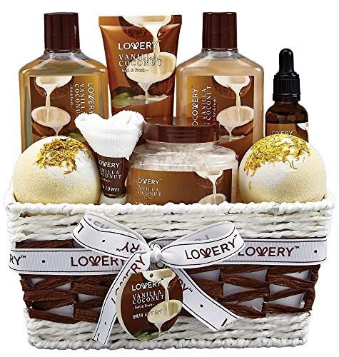 Cesta de regalo de baño y cuerpo para mujeres y hombres, juego de 9 piezas de Vanilla Coconut Home Spa