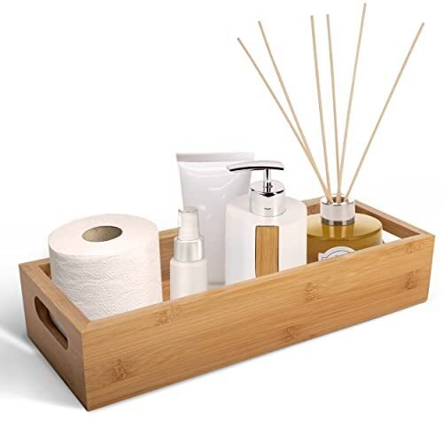 BOZUR Bandeja de baño de bambú, caja de decoración de baño