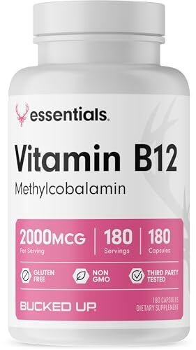 Bucked Up Vitamina B12 2000mcg – Metilcobalamina, esenciales (180 porciones, 180 cápsulas)