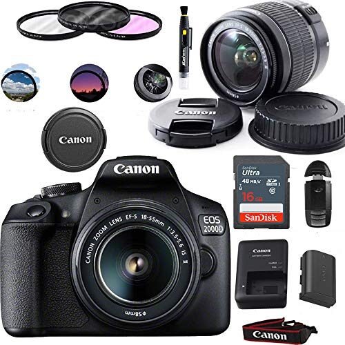 Canon EOS 2000D (Rebel T7) Cámara réflex digital con kit de lente de 0.709-2.165 in (negro)
