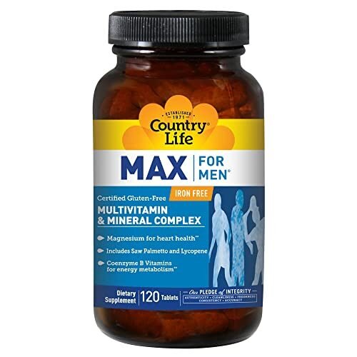 Country Life Max for Men, Complejo multivitamínico y mineral, sin hierro, tabletas vegetarianas, 120 unidades