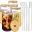 Drinking Glasses with Glass Straw 4pcs Set - 16oz Can Shaped Glass Cups, Beer Glasses, Iced Coffee Glasses, Cute Tumbler Cup, Ideal for Whiskey, Soda, Tea, Water, Gift - 2 Cleaning Brushes