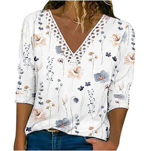 Camisetas de otoño en cuello V con estampado floral para mujer