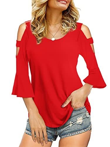 Florboom Camisetas básicas de manga 3/4 para mujer con hombro descubierto