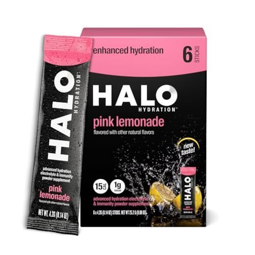 HALO – Paquetes de electrolitos en polvo de hidratación, limonada rosa, 6 porciones (0.18 onzas cada uno)