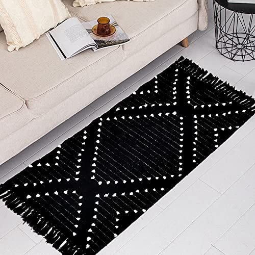 HAOCOO Alfombra bohemia de baño de 2 x 5.3 pies, alfombra de área de algodón tejida geométrica