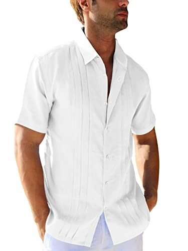 Hestenve Camisas Guayabera de lino para hombre, camisa de manga