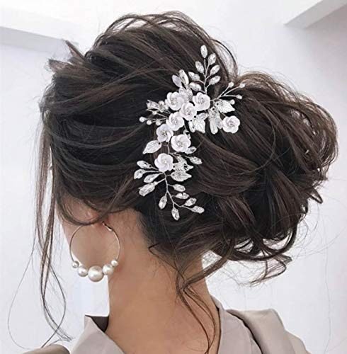 Latious Pieza de cabello de novia de plata con flores de cristal para novia