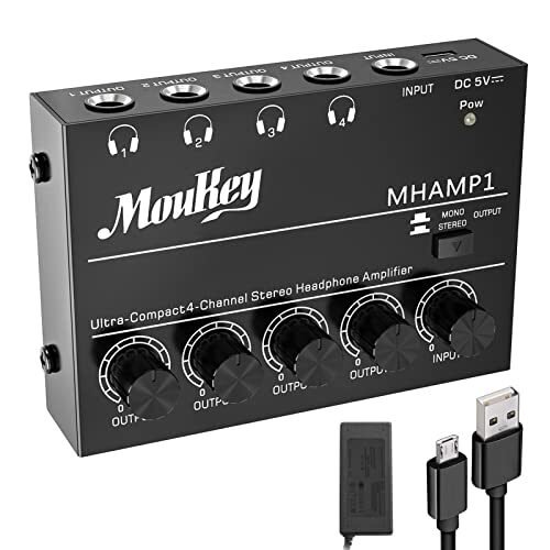 Moukey amplificador de audífonos de 4 canales, amplificador de audio estéreo de metal