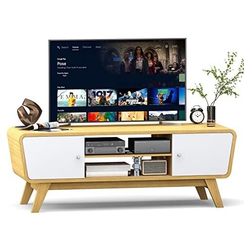 Soporte de TV natural para entretenimiento en el hogar con 2 puertas correderas