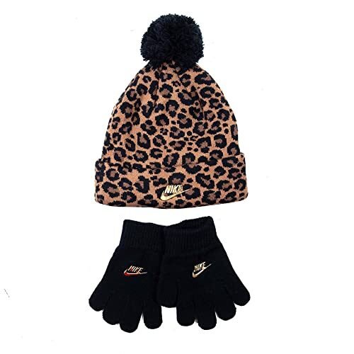 Nike Conjunto de 2 piezas de gorro y guantes para niñas (estampado de leopardo)