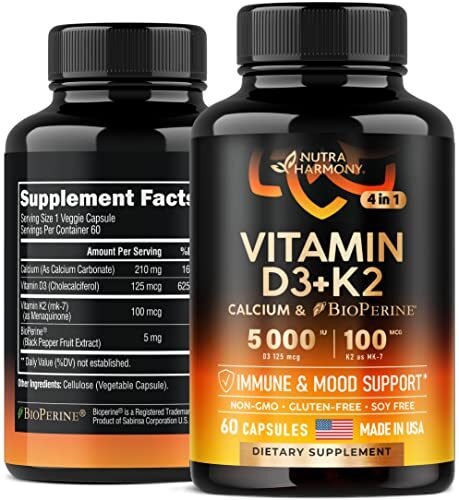 NUTRAHARMONY Vitamina D3 K2 5000 UI con calcio y bioperina