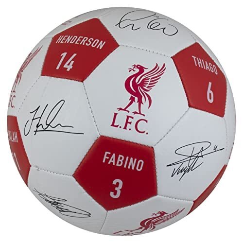 Balón de fútbol oficial del Liverpool FC con firmas de jugador y números de jugador