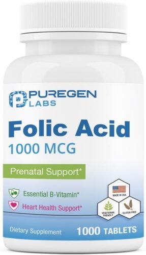 Puregen Labs – Tabletas de ácido fólico de 1000 mcg | Vitamina B9